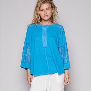 POL Blue Lace Sleeve Women's Top